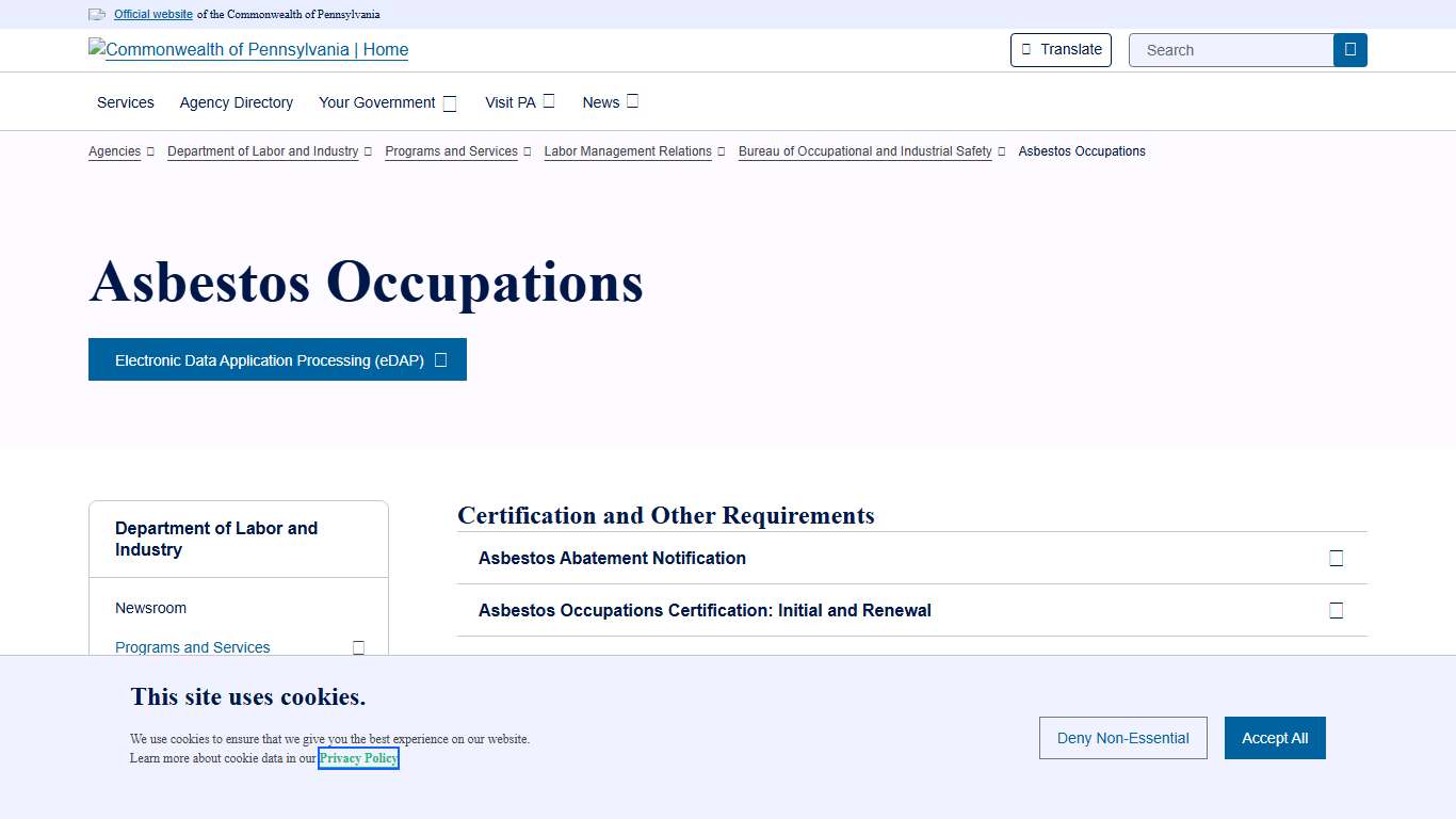 Asbestos Occupations Department of Labor and Industry Commonwealth of Pennsylvania