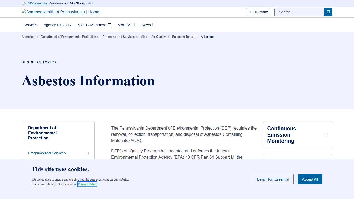 Asbestos Department of Environmental Protection Commonwealth of Pennsylvania