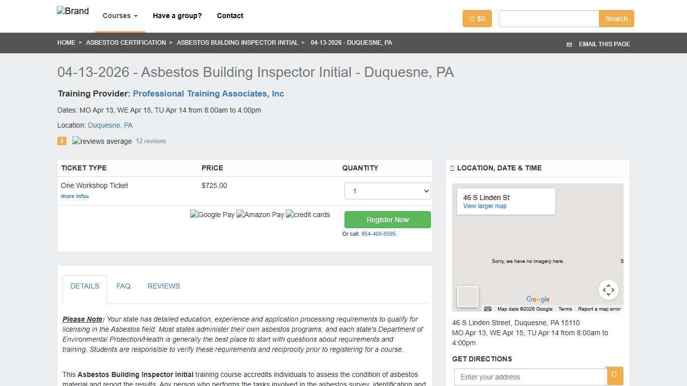 04-13-2026 - Asbestos Building Inspector Initial Training Duquesne, PA Zack Academy